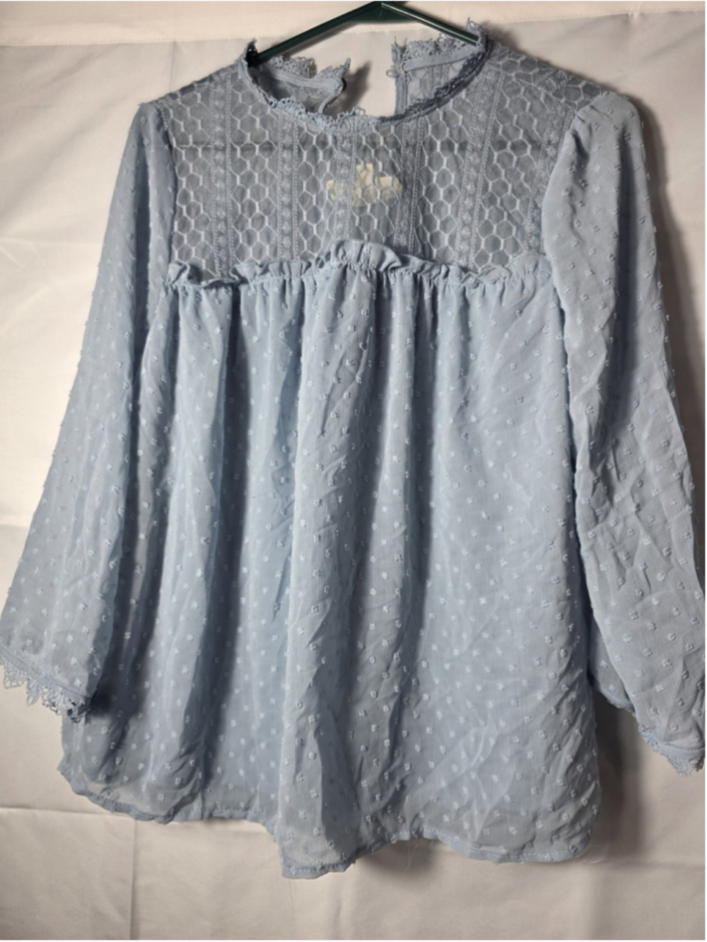 SWEET WANDERER Women's Periwinkle Blue L Dot Lace Ruffle Blouse Cottagecore - Picture 7 of 7